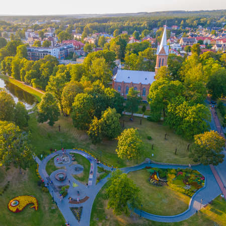 Aerial view of Birstonas city wich is located on the shore of Nemunas river in Lithuania. It's a small SPA resortの写真素材