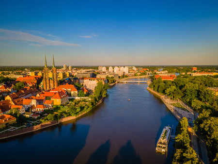 Aerial panoramic view of Polish Wroclaw city old town