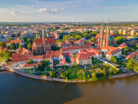 Aerial panoramic view of Polish Wroclaw city old townの写真素材