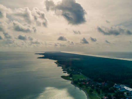 Aerial view of Curonian spit, Lithuania with a view of Curonian lagoon and Baltic seaの写真素材