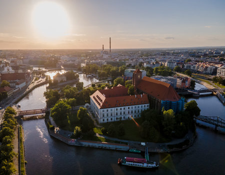 Aerial panoramic view of Polish Wroclaw city old town