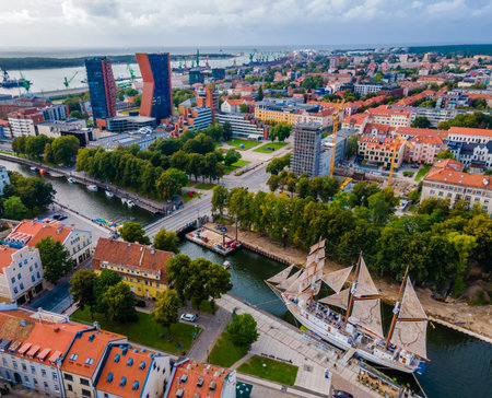 Aerial view of Klaipeda city center and port in horizon. Lithuania