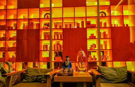 Spa massage salon interior with oriental style and hot tub