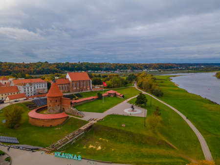 Aerial view of Kaunas castle and oldtown located in the confluence of Nemunas and Neris riversのeditorial素材