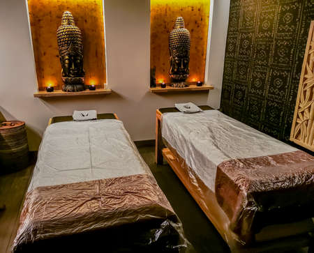 Spa massage salon interior with oriental style and hot tubのeditorial素材