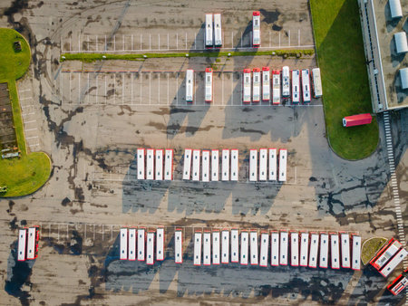 Aerial view of a bus park with many electricity and gasoline powered buses in Kaunas, Lithuania