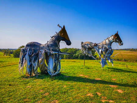 Horse sculptures grazing in the high meadowの写真素材