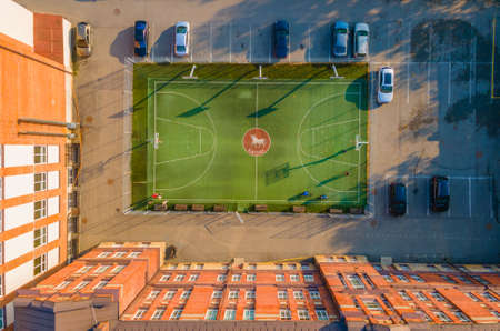 Aerial view of soccer field in the backyard of Kaunas Sun gymnasiumのeditorial素材