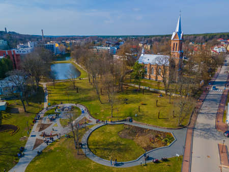 Aerial view of Birstonas city wich is located on the shore of Nemunas river in Lithuania. Its a small SPA resortの写真素材