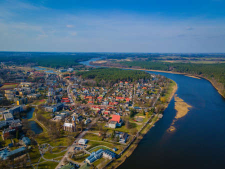 Aerial view of Birstonas city wich is located on the shore of Nemunas river in Lithuania. Its a small SPA resortの写真素材