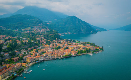 Aerial view of Menaggio village. Menaggio is a picturesque and traditional village, located on the western shore of Lake Como, Italyの写真素材