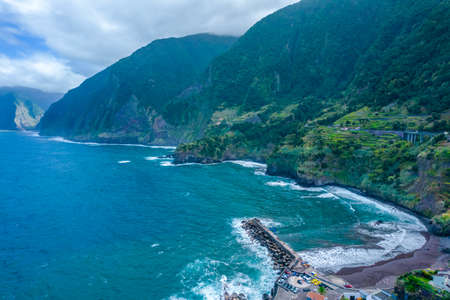 Aerial drone view of black sand beach in Seixal, Madeira islandの写真素材