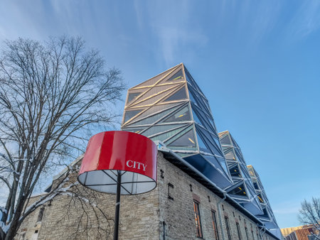 A modern combined old industrial house with elements of a modern new house and a city sign in...
