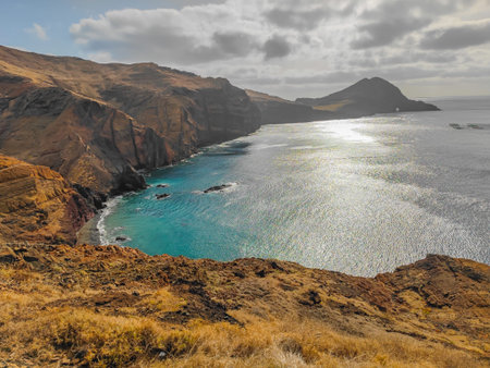 Amazing aerial view of Ponta de Sao Lourenco peninsula in Madeira island. Landscape of an island of volcanic origin located in Atlantic oceanの写真素材