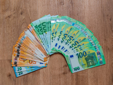 Big amount of 20, 50 and 100 euro banknotes close-up. Rich life conceptual. Euro Money. Euro cash...