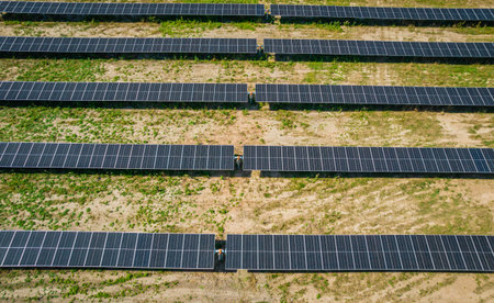 Solar panels park aerial view. Photovoltaic, alternative electricity source - concept of sustainable...