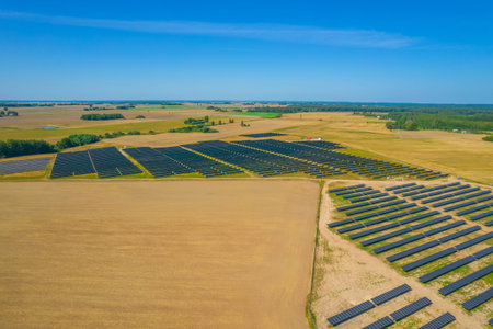 Solar panels park aerial view. Photovoltaic, alternative electricity source - concept of sustainable...