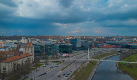 Kaunas, Lithuania - 04 08 2023. New Kaunas city center with a skyscrapers and modern office buildings on the shore of Nemunas riverのeditorial素材