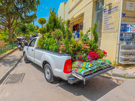 03 15 2023 - Athens, Greece. Image of open car trunk full of various beautiful potted plants and fertilizers. Concept of respect for the environmentのeditorial素材
