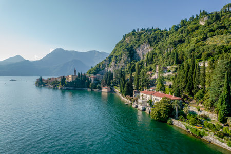 Aerial panoramic view of touristic villa Monastero located in Varenna resort, on the shore of lake Como, Lombardy region, Italyの写真素材