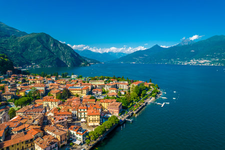 Menaggio, Como Lake. Aerial panoramic view Menaggio town surrounded by mountains and located in Como Lake, Lombardy, Italyの写真素材