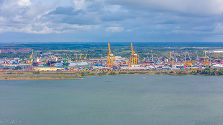 Aerial Panorama view of Port of Klaipeda, Lithuania. One of the few ice-free ports in northernmost Europe.の写真素材