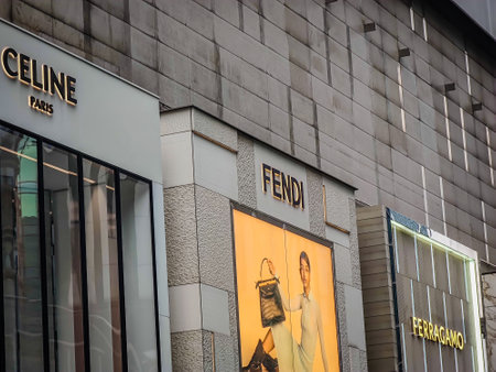 Kuala Lumpur, Malaysia - January 26, 2024: Exterior view of a Fendi store and company logo in the huge luxury shopping mall in Kuala Lumpurのeditorial素材