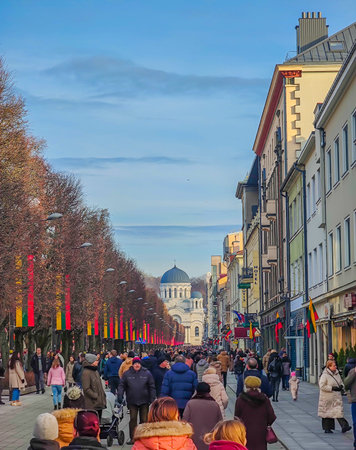 02 22 2024 - Kaunas, Lithuania. Freedom avenue in Kaunas Lithuania, full of people celebrating...