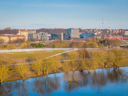 Kaunas, Lithuania - 02 22 2024: Aerial view of Kaunas city center with a skyscrapers and modern office buildings on the shore of Nemunas riverのeditorial素材