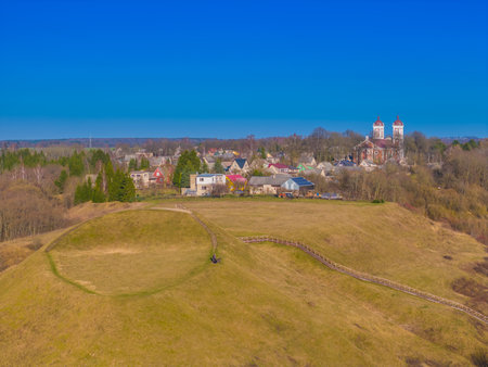 Seredzius mound, hillfort also known as Palemonas hill in Jurbarkas district. Aerial drone view...