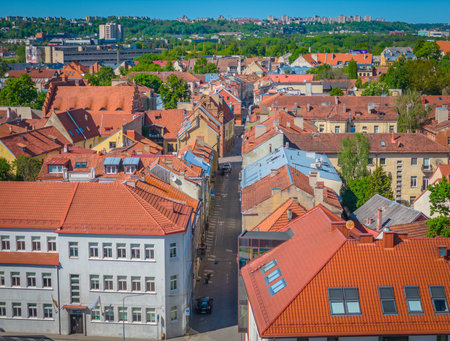 Kaunas old town, Lithuania. Panoramic drone aerial view photo of Kaunas city center with many old...