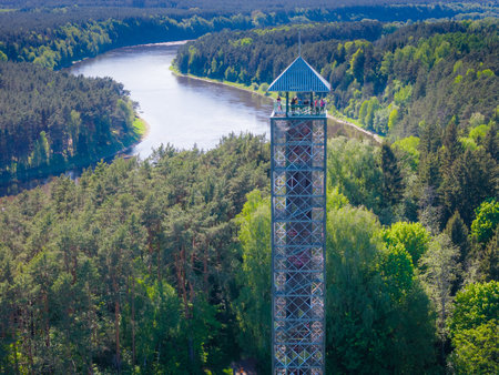 Aerial drone photo of tallest Lithuanian observation view tower in Birstonas resort in autumn on the...