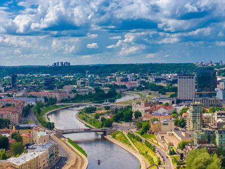 Vilnius, Lithuania. Aerial view of new city center with skyscrapers. Panoramic drone photo