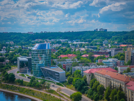 07 01 2024 - Vilnius, Lithuania. Aerial view of new city center with modern skyscrapers. Panoramic drone photoのeditorial素材