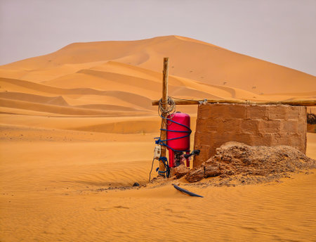 Water well in front of Sahara Desert dunes, Merzougha, Moroccoの写真素材