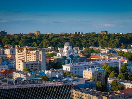 Kaunas city panoramic view. Aerial drone photo of new part of Kaunas city center next to Kaunas old townの写真素材