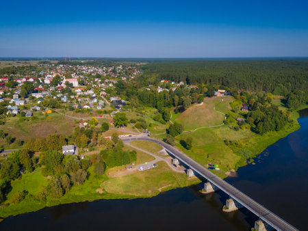Merkine mound and town on the bank of Nemunas and Merkys river in Lithuania. Symbol of Dainava regionの写真素材
