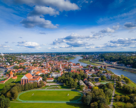 Kaunas old town, Lithuania. Panoramic drone aerial view photo of Kaunas city center with many historical buildingsの写真素材