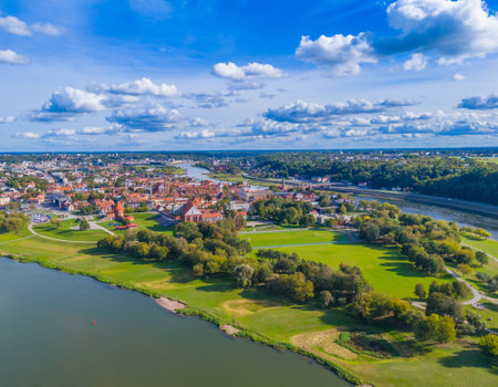 Kaunas old town, Lithuania. Panoramic drone aerial view photo of Kaunas city center with many historical buildingsの写真素材
