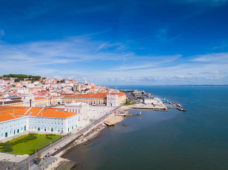 Aerial view of Lisbon city center and Praca do Comercio in Baixa district in Lisbon old town,...