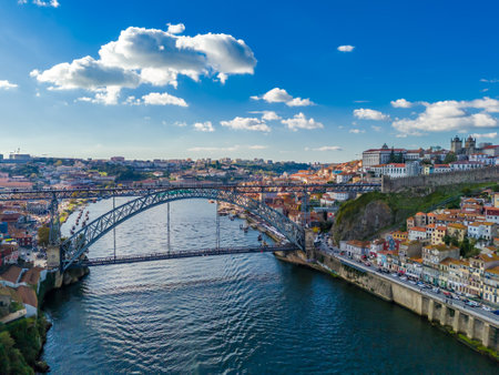 Aerial drone view of Dom Luis I Bridge over Douro river and panoramic Porto view. Portugal city landscapeの写真素材