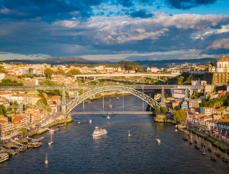 Aerial drone view of Dom Luis I Bridge over Douro river and panoramic Porto view. Portugal city landscapeの写真素材