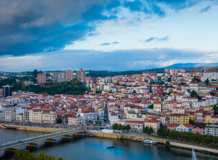 Aerial view of Coimbra city old town on the hill. Panoramic drone cityscape and Mondego River, Portugalの写真素材