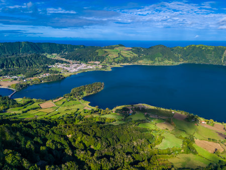 Azores landscape panoramic view. Aerial drone view of Sete Cidades, Lagoa Azul, Miradouro da Grota do Inferno viewpoint in Sao Miguel Island, Portugalの写真素材