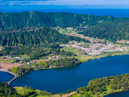 Sete Cidades town. Azores landscape panoramic view. Aerial drone view of Lagoa Azul in Sao Miguel Island, Portugalの写真素材