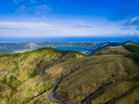 Azores landscape panoramic view. Aerial drone view of Sete Cidades, Lagoa Azul, Miradouro da Grota do Inferno viewpoint in Sao Miguel Island, Portugalの写真素材