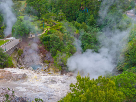 Furnas hot thermal springs, Sao Miguel Island, Azores, Portugal. Aerial drone view of Furnas village and Caldeira do Asmodeuの写真素材