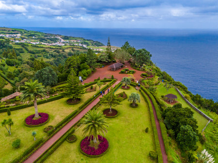 Miradouro da Ponta do Sossego do Sossego Nordeste viewpoint. Aerial drone view of Sao Miguel island landscape, Azores archipelago, Portugalの写真素材