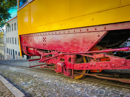 Gloria Funicular in Lisbon. Restored tram chassis close up photo. Tram to Miradouro de Sao Pedro de Alcantaraの写真素材
