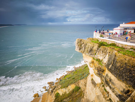 Aerial view of Nazare beach, Portugal. Panoramic landscape of Nazare cityの写真素材